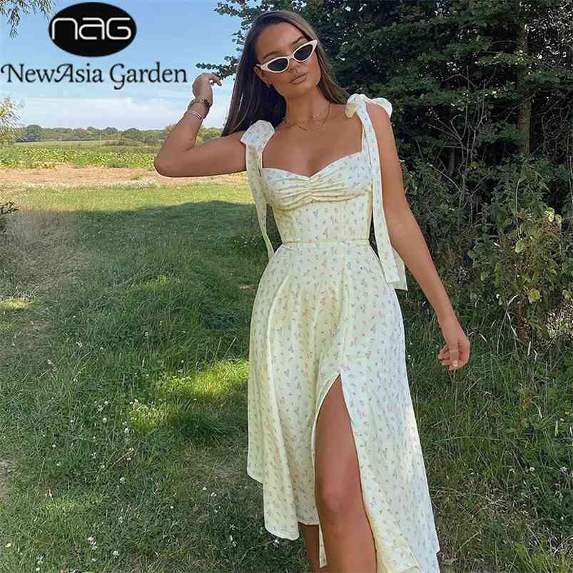 NewAsia Yellow Print Dress Women Summer Sleeveless Tie Up Bow Strap Elegant Midi Dresses Casual Sexy Side Split Floral Dress 210329