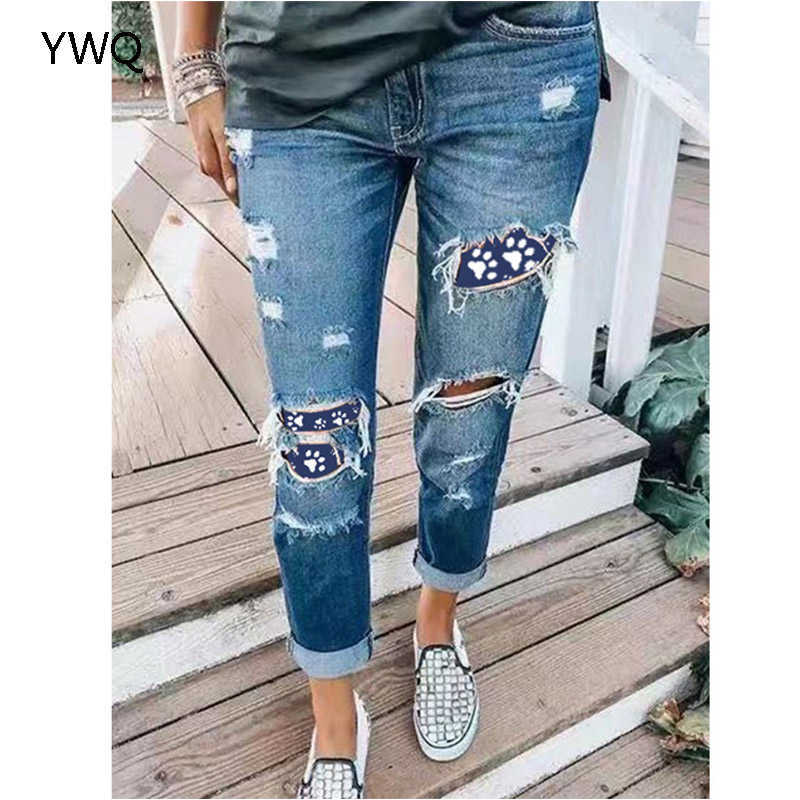 Women Patchwork Pencil Pants High Waist Ripped Boyfriend Jeans Streetwear Vintage Distressed Hole Mom Jeans Casual Denim Trouser 210616
