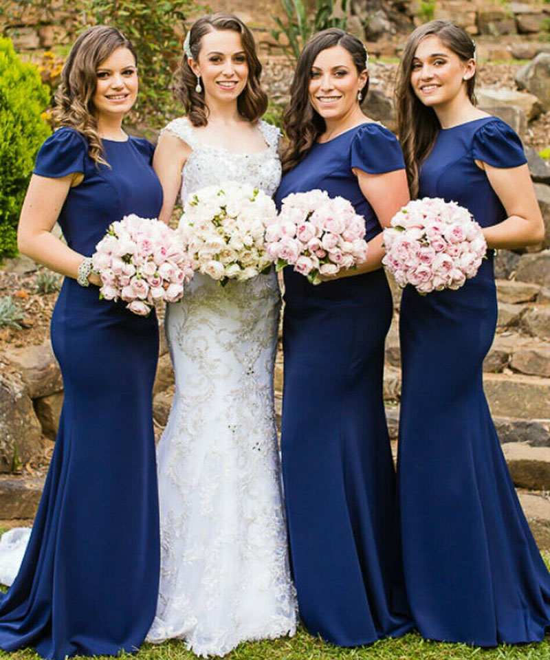 Navy Blue Bridesmaid Dresses Mermaid Floor Length Cap Sleeves Garden Countryside Spring Summer Maid of Honor Gowns Wedding Guest Tailor Made Plus Size