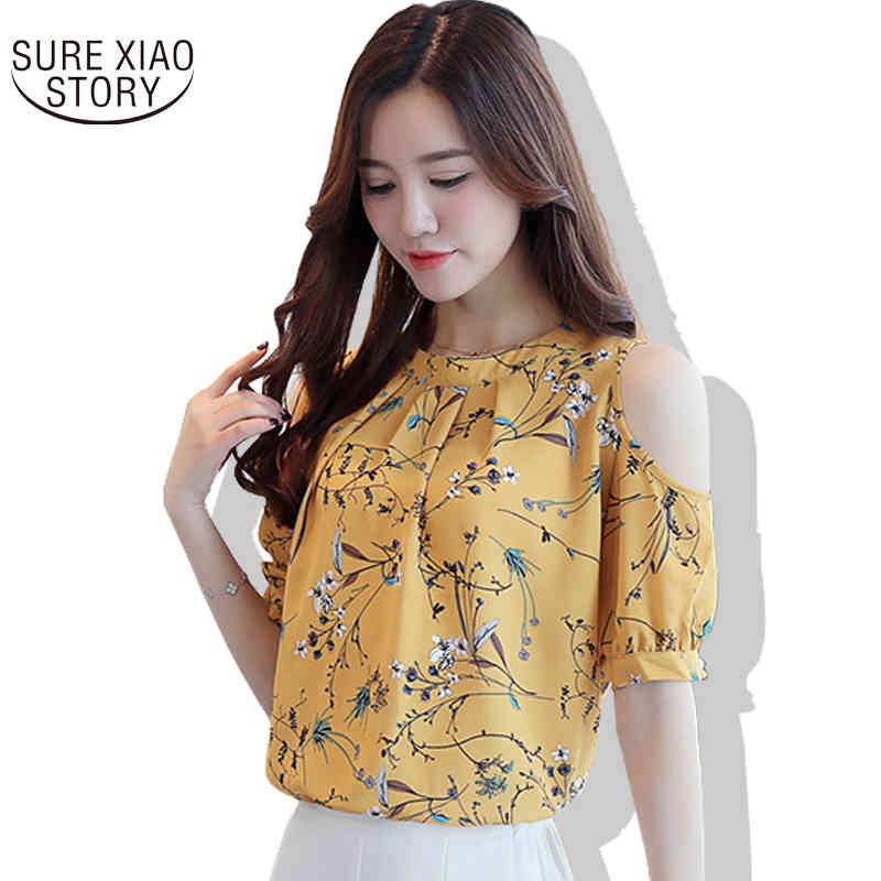 Small Fresh Korean Of Floral Female The Summer Fashion Dew Shoulder Chiffon Elegant Women Blouse 85A 30 210415