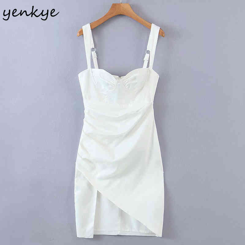 YENKYE Romantic Women Side Slits Club Party Sexy Dress Female Draped Asymmetric Slim Robe Summer Night Out Vestido 210515