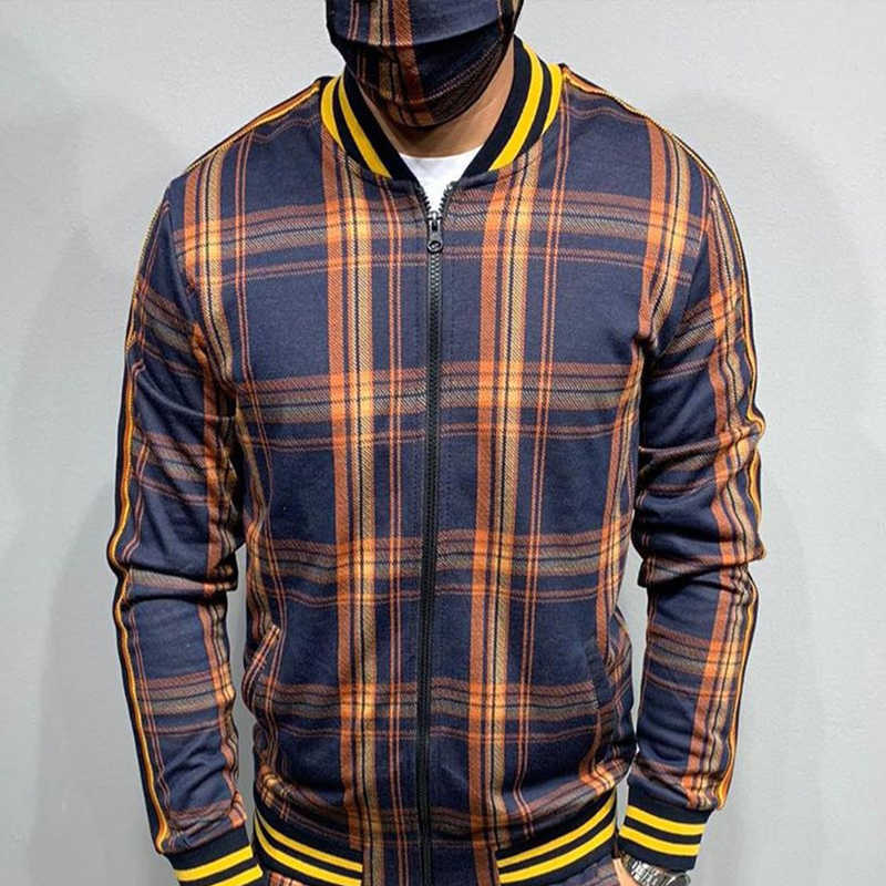 Plaid Men Jackets Casual top Zipper Jacket Sports Wear High quality Sweatshirt Fashion Man High Street Clothing Fast Delivery X0621