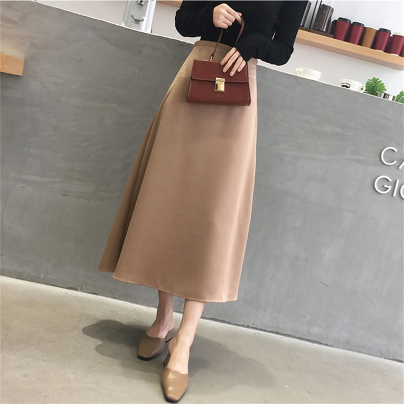 Vintage Solid High Waist Retro Skirt Satin Female Streetwear Plus Size Fashion OL Elegant Long Skirts 210421
