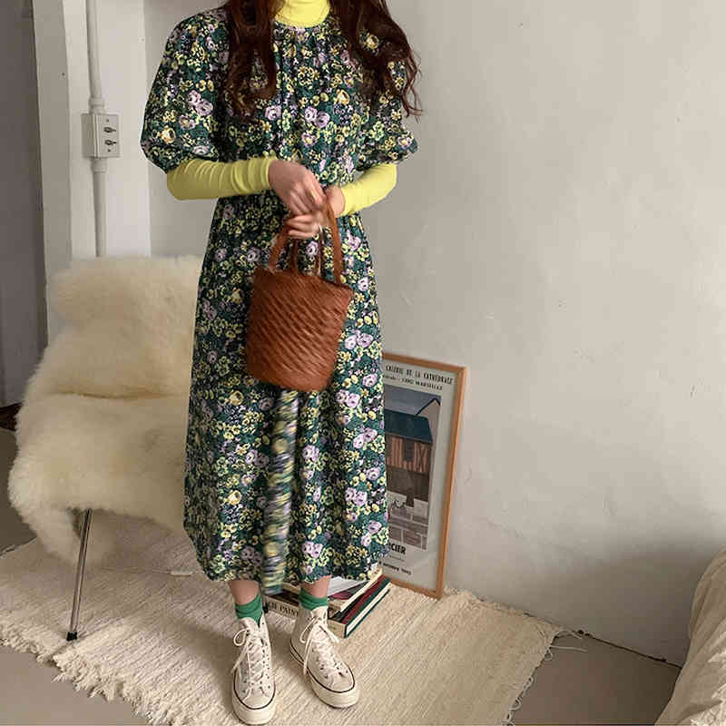 Spring Women's Vintage Korean Style Floral Long Dress O Neck Half Puff Sleeve Loose Casual Elegant Mid-Length Dresses D13104X 210416