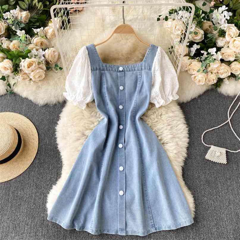 Korean Women Jeans Dress Summer Fashion Embroidery Hollow Out Short Sleeve Mini Denim Casual Streetwear Everyday Wear 210603, Blue
Korean Women Jeans Dress Summer Fashion Embroidery Hollow Out Short Sleeve Mini Denim Casual Streetwear Everyday Wear 210603, Blue