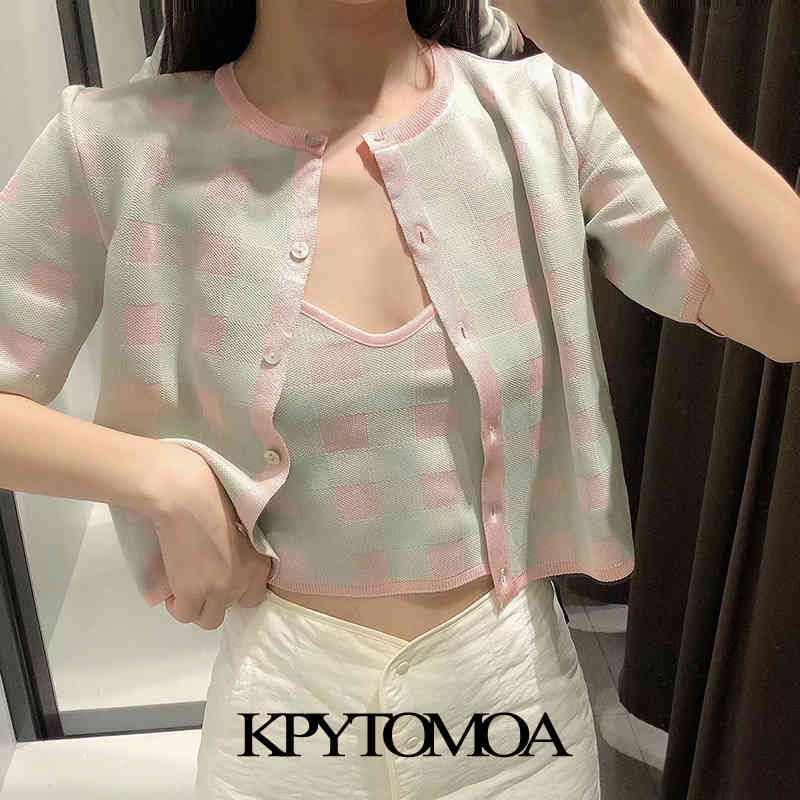 Women Fashion Check Cropped Knitted Tank Tops Vintage V Neck With Thin Straps Female Camis Mujer 210416