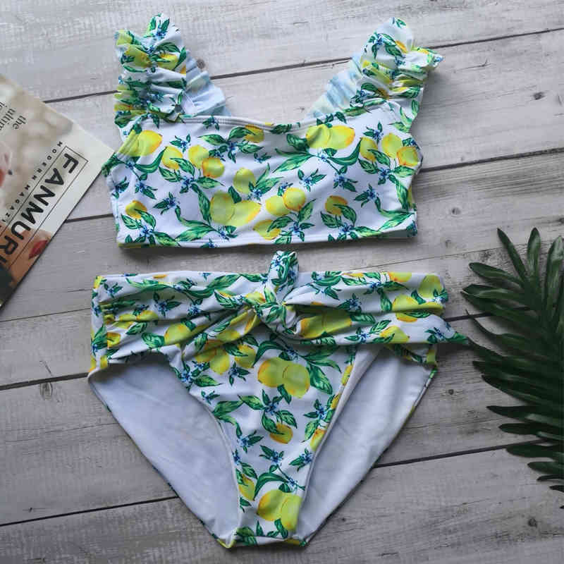 Lemon Print Bandeau Bikini Set Summer Sexy High Waist Women Swimwear Thong Beach Swimsuit Push Up Bathing Suits Biquini 210520