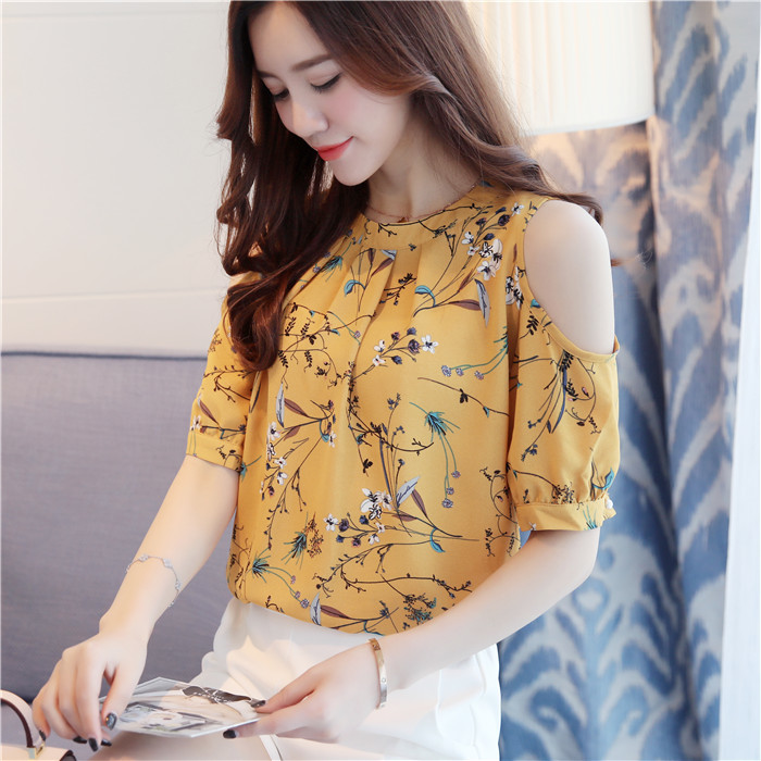 Small Fresh Korean Of Floral Female The Summer Fashion Dew Shoulder Chiffon Elegant Women Blouse 85A 30 210415