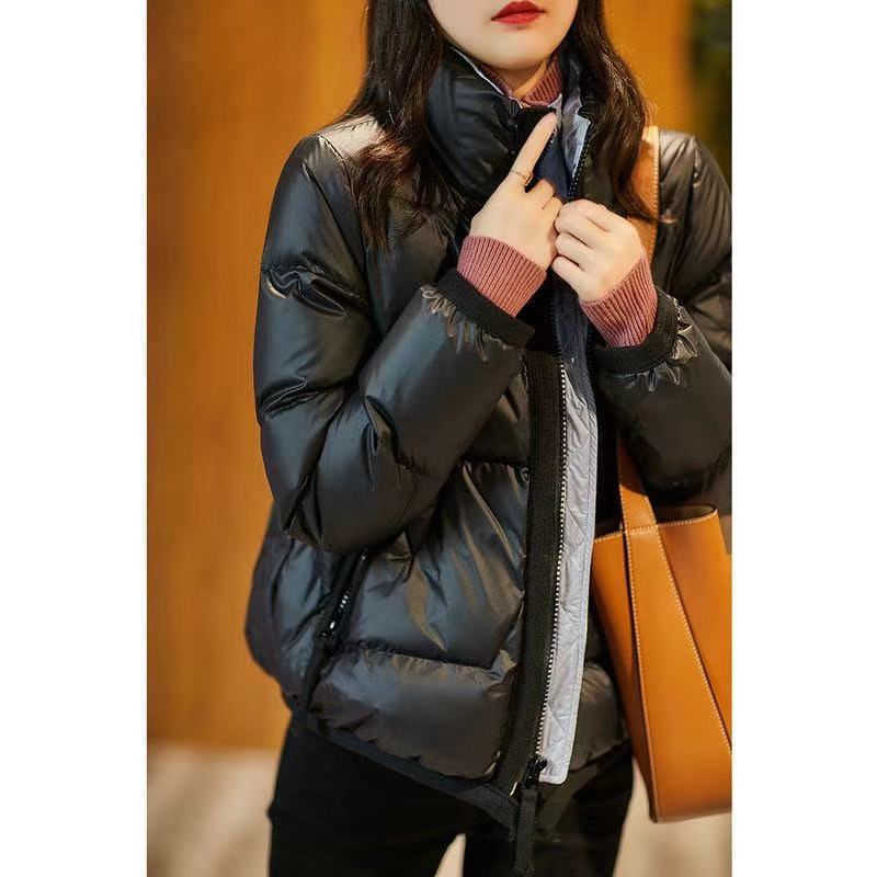 Women's Short Cotton-padded Jacket Shiny Cotton Down Padded Pocket Keep Warm Korean Style Loose Stand Collar Thick Coat 211013