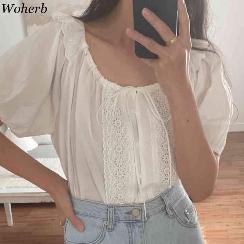 U-neck Shirts Women Short Puff Sleeve Lace Bandage Elegant Blouses Girls Sweet Ruffle White Blouse Korean Cute Summer Top 210519