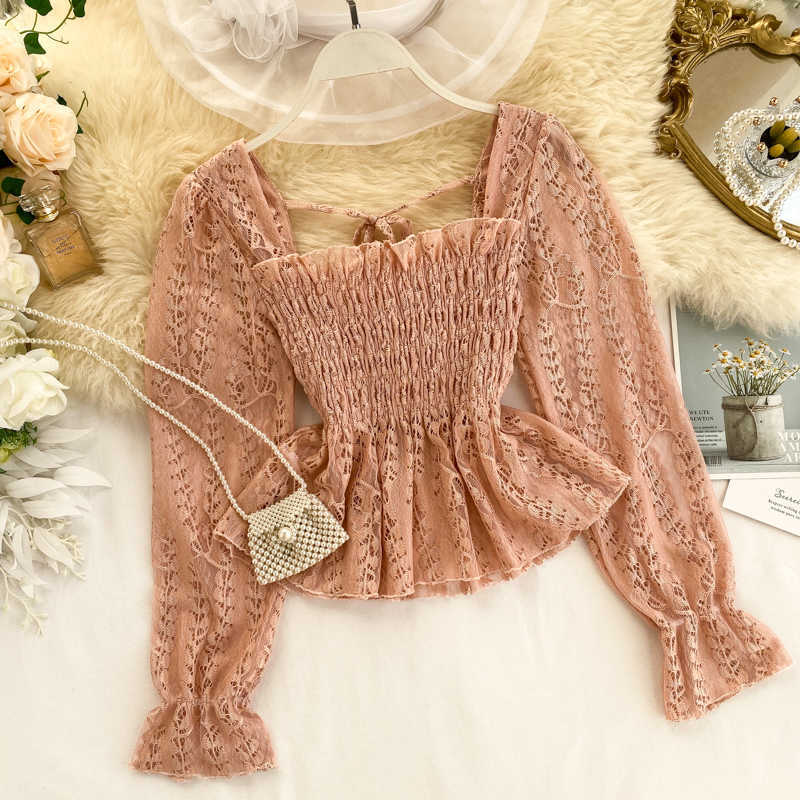 Chic Ruffled Elastic Waist Slimming Square Collar Long Sleeve Hollow Lace Blouse Woman Solid Color Elegant Shirts Tops K248 210527