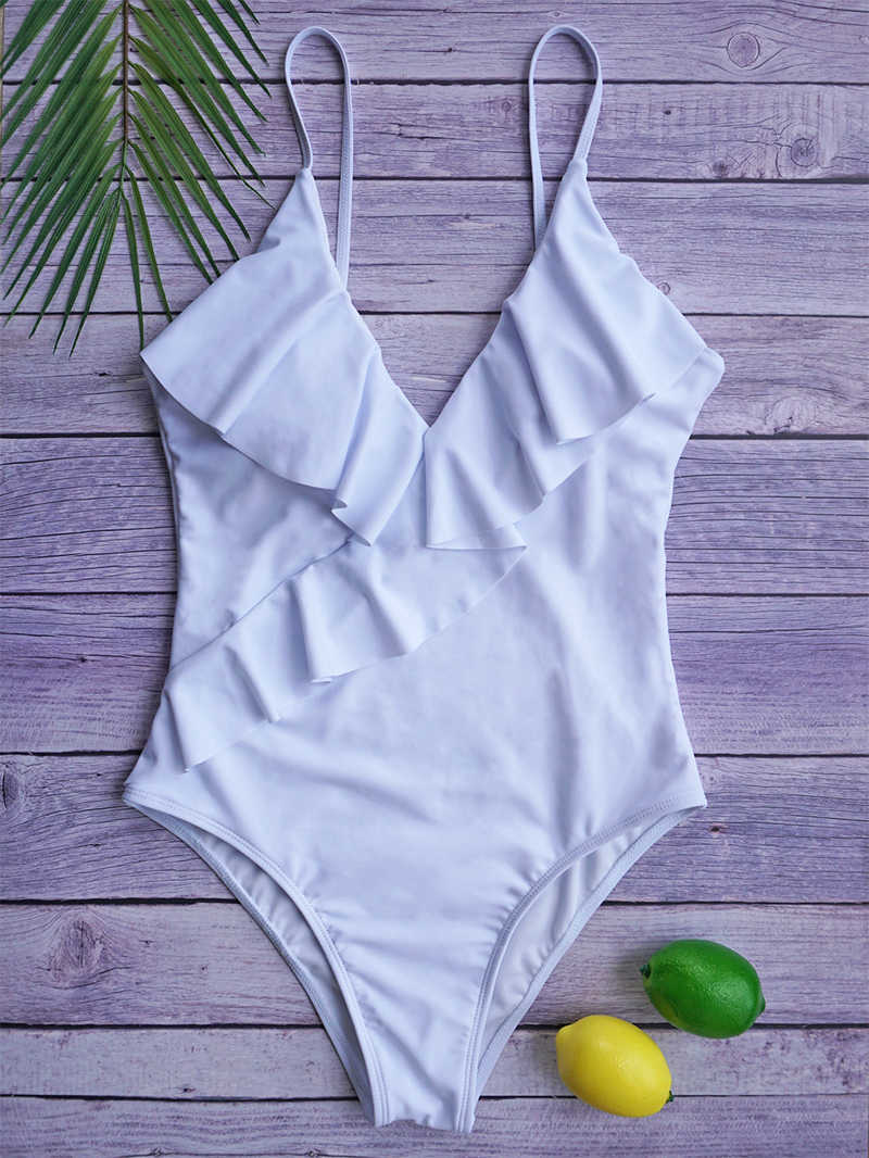 Ruffled Swimsuit Solid Color High Waist Sling Quick-drying Swimwear Beach Push-up Backless Bathing Women 210702