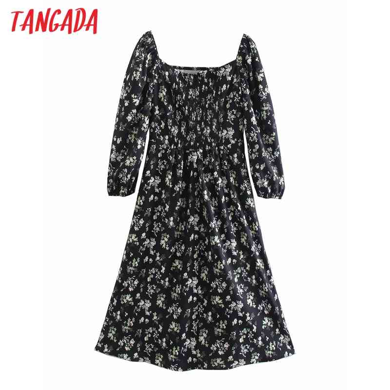 Fashion Women Flowers Print Puff Long Sleeve Square Collar Casual Female Midi Dress 2W75 210416