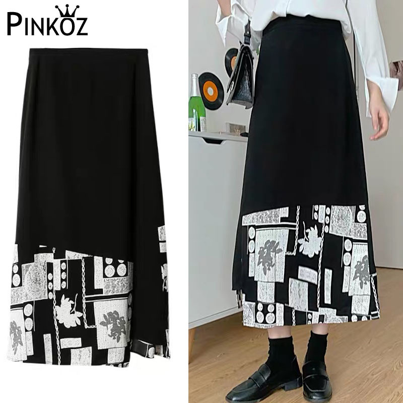 vintage women skirt long casual block colour printed high waist streetwear clothes jupe femme asias faldas largas ropa 210421