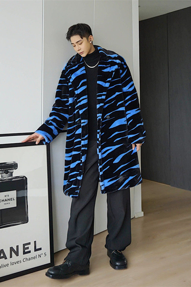 IEFB Autumn and winter comfortable fur fabric long coat men's mid length blue Zebra pattern warm single button clothes 9Y4694 210524