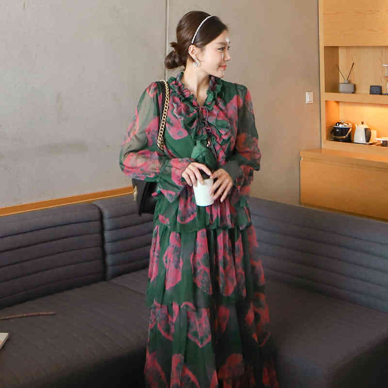 Summer Korean Long Dresses Ruffled Chiffon Print Cake Dress Lady Evening Party Sexy Beach Holiday Vestidos 210506