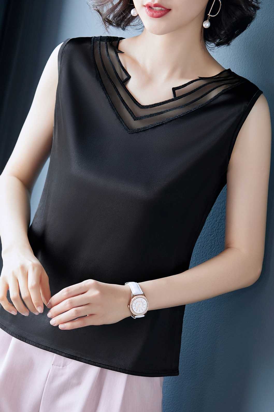 Korean Fashion Silk Tank Top Women Satin Office Lady Mesh Solid Black Cami Plus Size XXXL/5XL Clothing for 210531