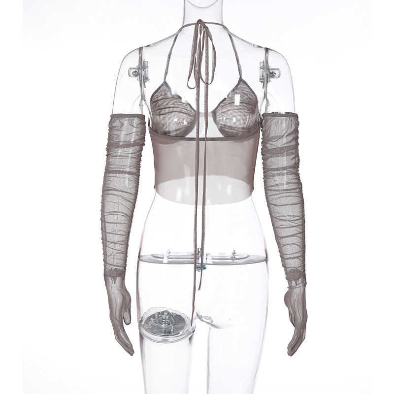Colysmo Mesh Crop Top with Gloves See Through Cut out V Neck Tie up Ruched Halter Sexy Clubwear Women Chic Summer Tank 210527