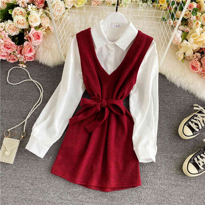 Nomikuma Spring Korean Women Blouse 2pieces Sets Long Sleeve Blusas Shirt + Bow Bandage Slim Waist Vest Elegant Suits 6D876 210427