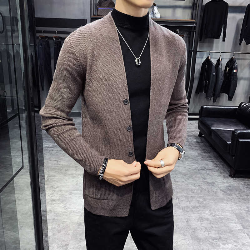 Autumn Cardigan Men Clothing Fashion Button Decor Korean Sweater Men Front Pocket Loose Casual Mens Cardigan 3Color 3XL 210818
