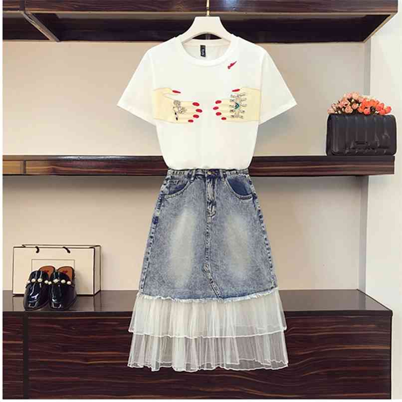 Summer Beaded Diamond Embroidered Cotton Tshirt Two piece Mesh Ruffles Patchwork Denim Skirt Sets Female Outfits 210602, Only white tshirt
Summer Beaded Diamond Embroidered Cotton Tshirt Two piece Mesh Ruffles Patchwork Denim Skirt Sets Female Outfits 210602, Only white tshirt