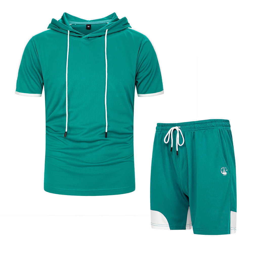 Fashion T-shirt Shorts Set Men Summer Patchwork Tracksuit Hooded T Shirts Man Casual Tee Shirt Sets Sweat Suits Sportswears 2pcs 210603