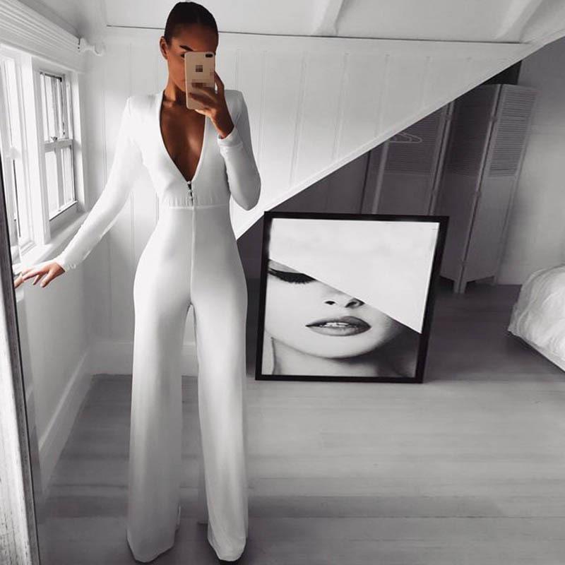 Women Jumpsuit V-neck White Rompers Womens Plus Size Vintage Jump Suits Long Sleeve Fashion Sexy 210513