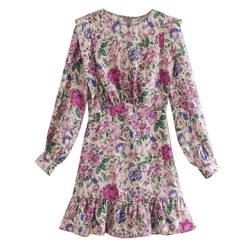 Retro Purple Flower Print Stitching Ruffles Ruched Waist Long sleeve Like Silk Short Dress Woman French Mini Tea Dresses 210429