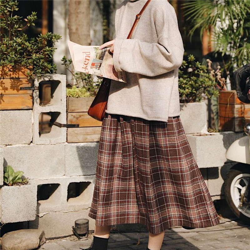 japanese style elastic high waist Long Skirts womens autumn plaid A-line pleated Female winter Wool Warm Streetwear 210421