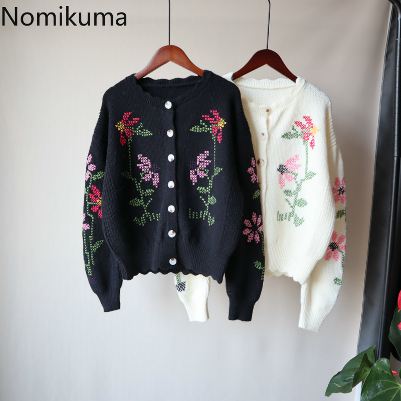 Nomikuma Pull Femme Floral Embroidery Long Sleeve O-neck Sweater Coat Autumn Winter Knitted Short Women Cardigans 6C299 210427