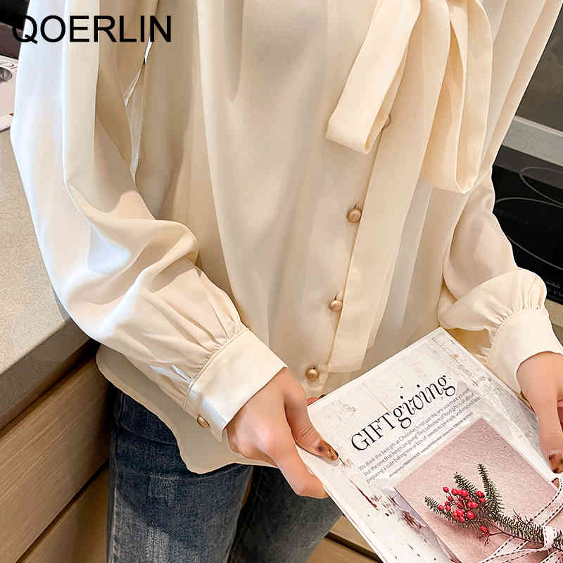 QOERLIN Chiffon Womens Blouse Elegant Spring Button Shirts Summer Bowtie Long Sleeve Solid Shirts Female Office Lady Tops 210412