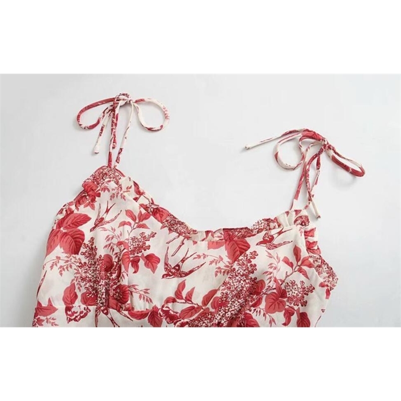 Vintage France Summer Wood ears V neck Floral Print Bandage Spaghetti Strap Short Dress Sexy Women Lacing Up Sling Party Dresses 210429