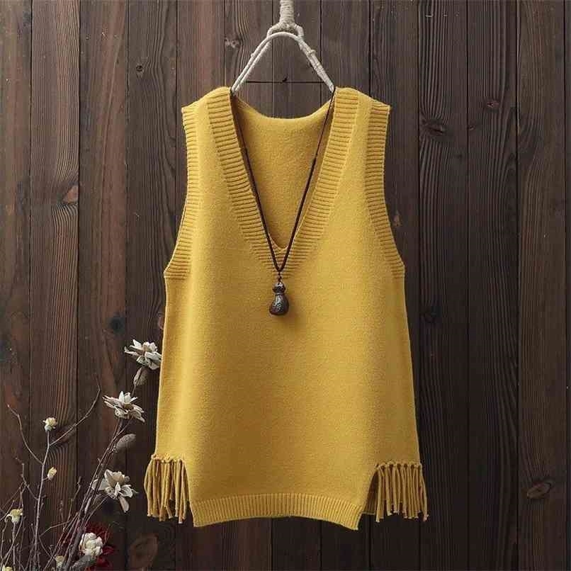 V-neck Sweater Vest Women Casual Loose Fringed Student Knitted Halter Korean Version of The Wild Spring Jumper Girl 210819