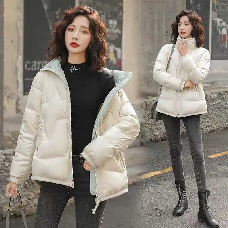 Women's Short Cotton-padded Jacket Shiny Cotton Down Padded Pocket Keep Warm Korean Style Loose Stand Collar Thick Coat 211013