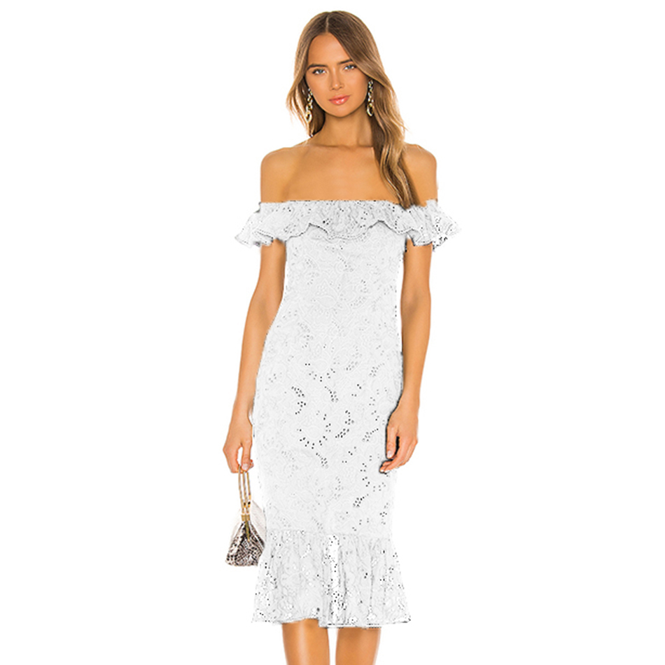 Free Lace Bandage Dress Arrival Sexy Card Shoulder Ruffle Sleeve Bodycon Halter Midi Club Party Vestidos 210524