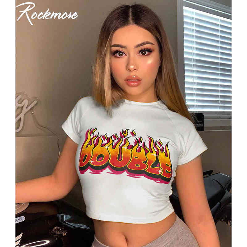 Rockmore Fire Flame&Letter Print T-Shirt Women Short Sleeve Casual Top Tshirt Femme Bodycon O-neck Crop Tops Basic Tee Shirts 210406