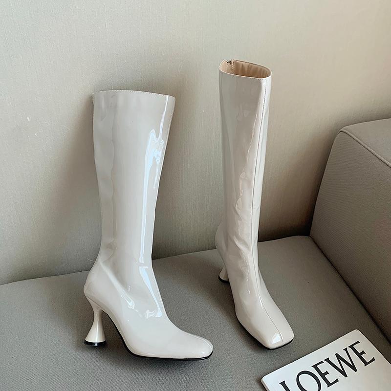 Boots Square Toe Women Knee High Patent Leather Thin Heels Knight Shoes Party Pumps Black Red White Dress Woman 35-39