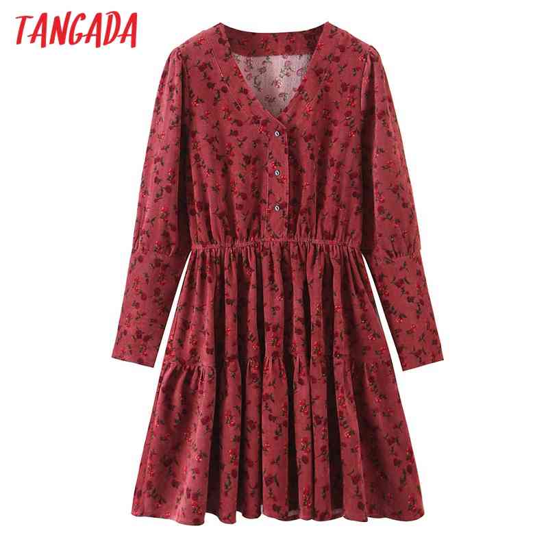 Fashion Women Flowers Print Corduroy Arrival Long Sleeve Ladies Mini Dress Vestidos SL536 210416