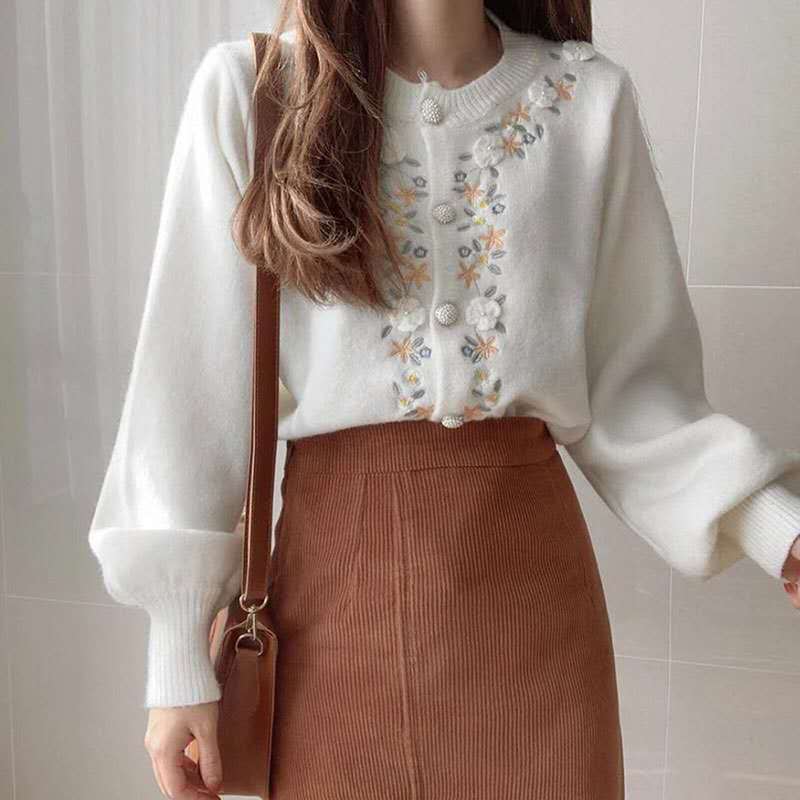 Comelsexy Fall And Winter Arrivals Pearl Button Embroidered Flower Knit Cardigan Long Sleeved Sweet Girl Sweater Tops 210515