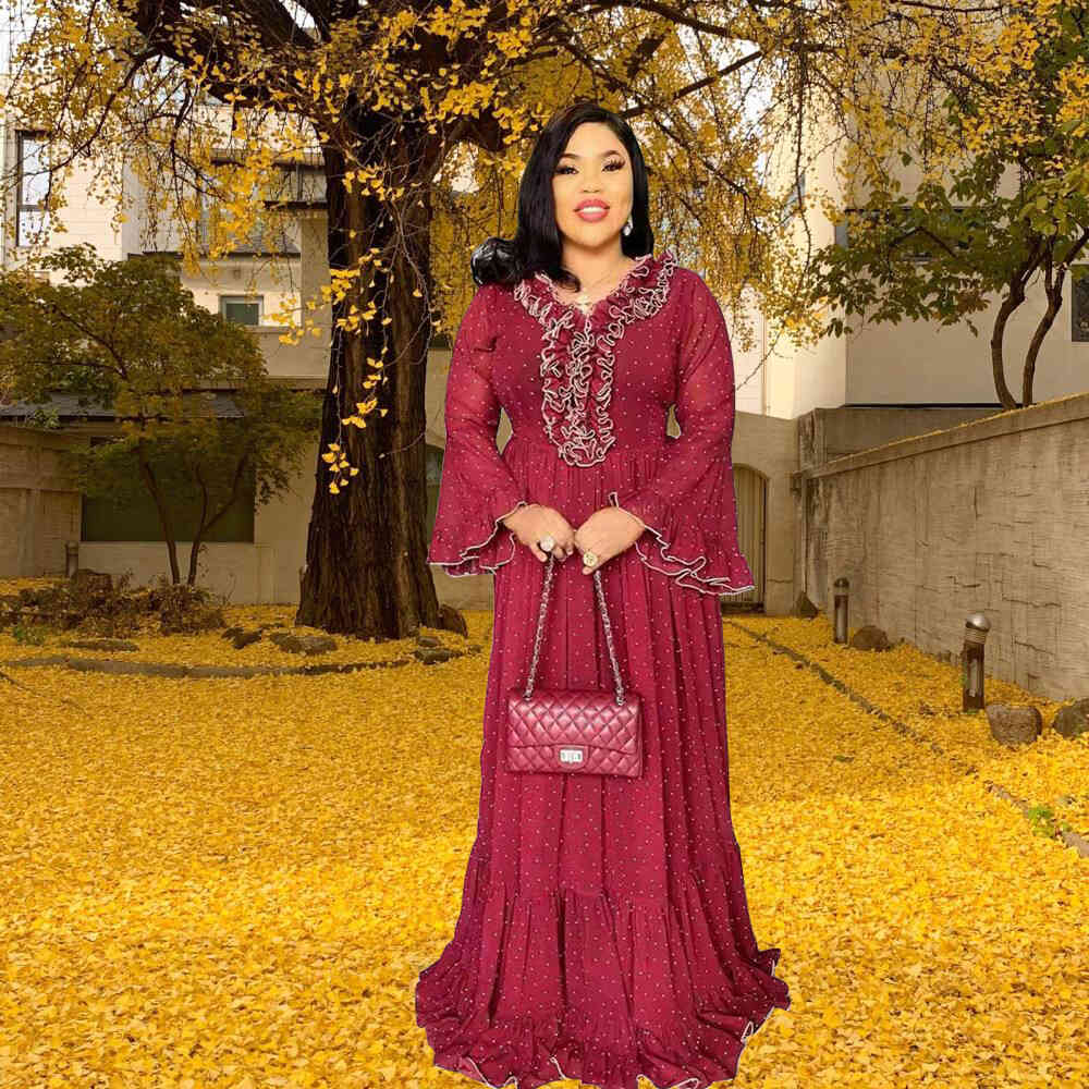 African Dresses for Women Abaya Dubai Muslim Dress Dashiki Red Appliques V Neck Long Flare Sleeve Maxi Dress Party Vestidos Robe 210408