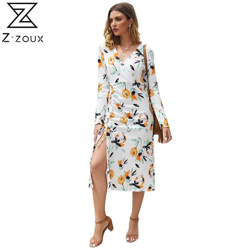 Women Dress V-neck Long Sleeve Drawstring Printing Dresses Plus Size Vintage Sexy 210513