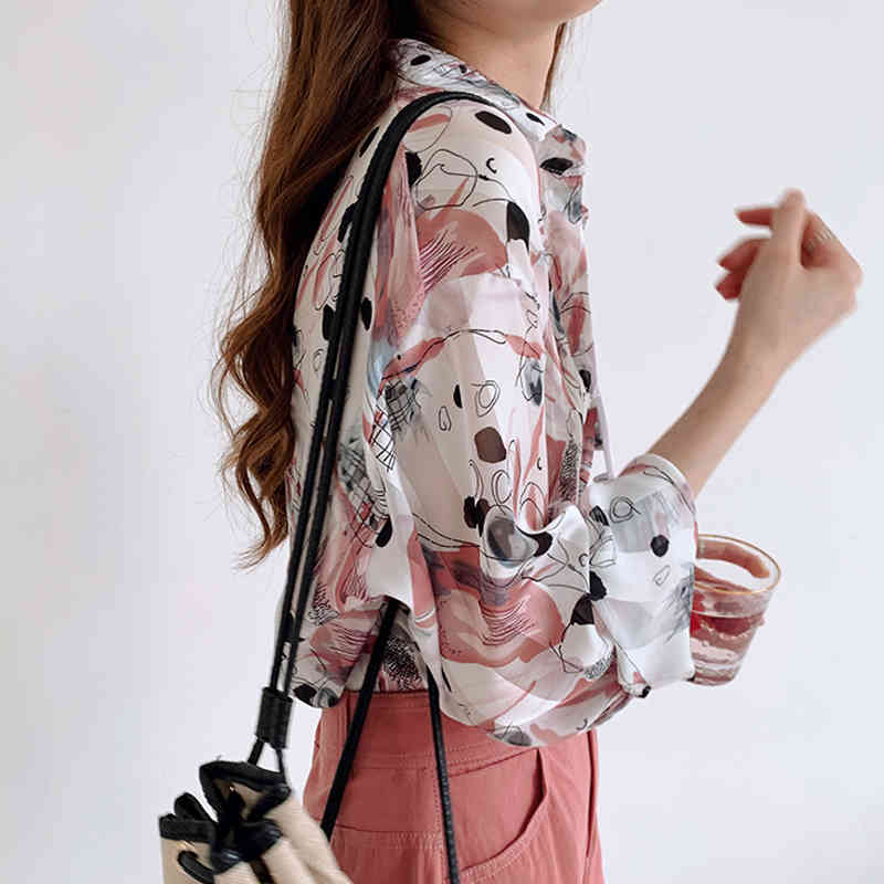 Autumn Plus Size Shirt for Women Ladies Tops Clothes Long Sleeve Vintage Printed Chiffon Cotton Casual Cardigan 10288 210427