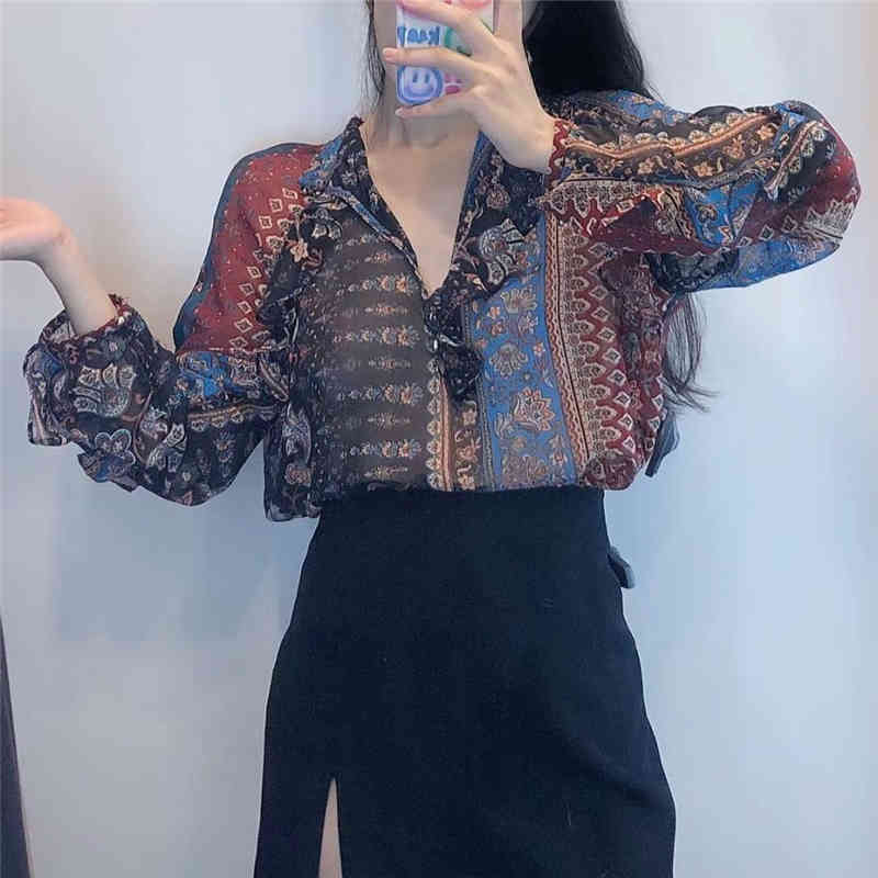 Vintage Women Chiffon Ruffles Shirts Fashion Ladies O-Neck Loose Tops Causal Female Boho Print Patchwork Blouses 210430