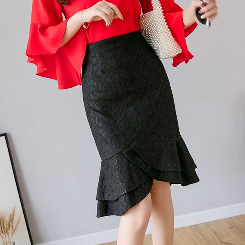 SEXMKL Plus Size White Lace Skirt Women Summer High Waist Black s Sexy Office Lady Ruffles Pencil Jupe Femme 210621