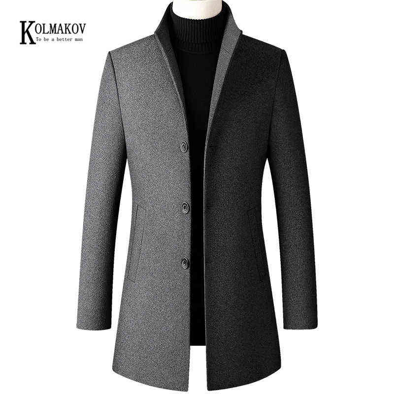 KOLMAKOV Autumn/Winter British Style Solid Men Long Woolen Coat Slim Fit Wine Red Black Navy Blue Gray Overcoat Male 4XL 211122