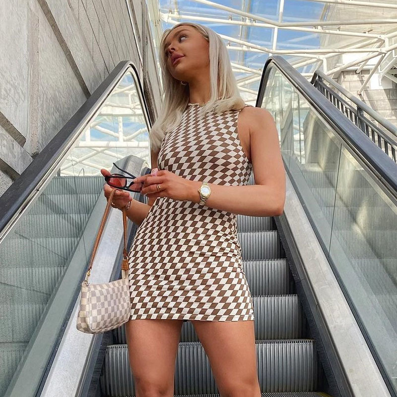 Vintage Plaid Summer Y2k Mini Dresses Sexy Women Argyle Sleeveless Bodycon Casual Skinny Short Party Tank Dress Streetwear 210510