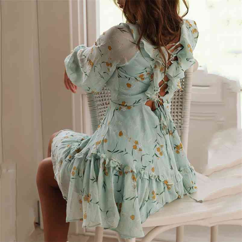 long sleeve sheer boho print dress women sexy backless lace up beach autumn floral green chiffon short 210427