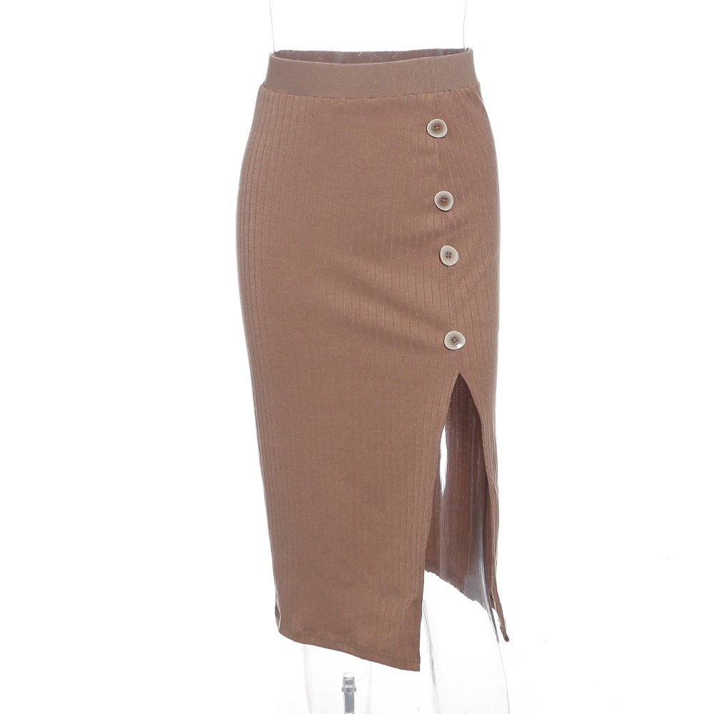 Knitted Ribbed Pencil Skirt Women Khaki Side Slit Bodycon Long Maxi Autumn Winter High Waist Bottoms 210427
