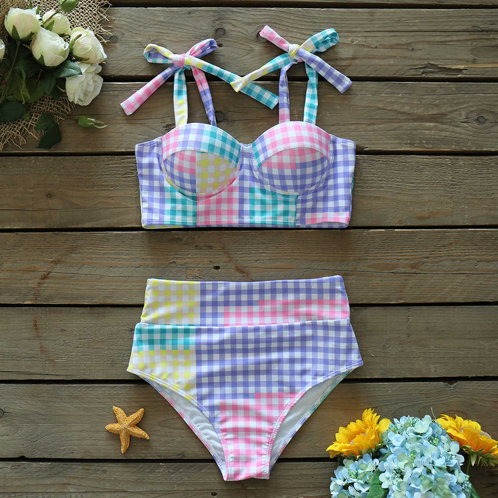 Sexy Colorful Plaid Bikini Set High Waist Swimwear Shoulder Strappy Bathing Suit Beachwear Biquini female 210611