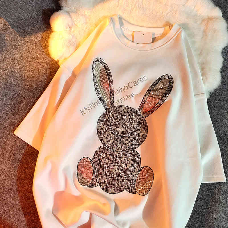 t shirt 2021 summer heavy industry drilling rabbit fashion brand short sleeve women loose long lovers top, White
t shirt 2021 summer heavy industry drilling rabbit fashion brand short sleeve women loose long lovers top, White